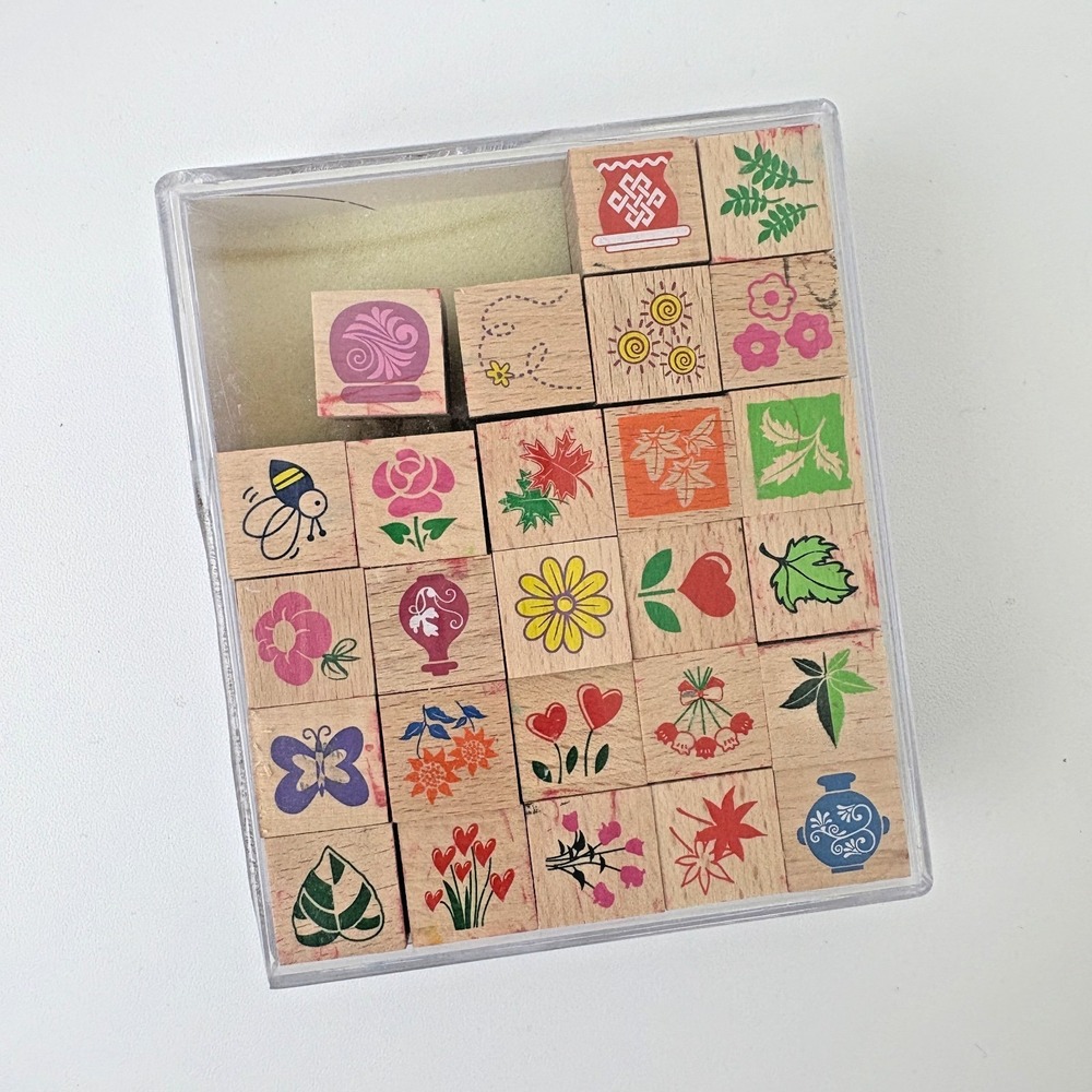 Assorted Stamp Set Classic Wooden Flowers Leaves Spring Bee Butterfly